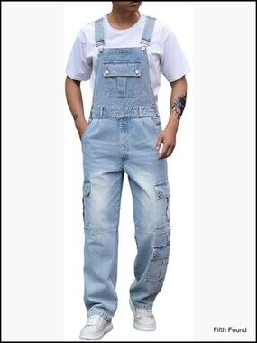 Men's Denim Bib Overalls Relaxed Fit Cargo Pocket Workwear Jumpsuit Adjustable